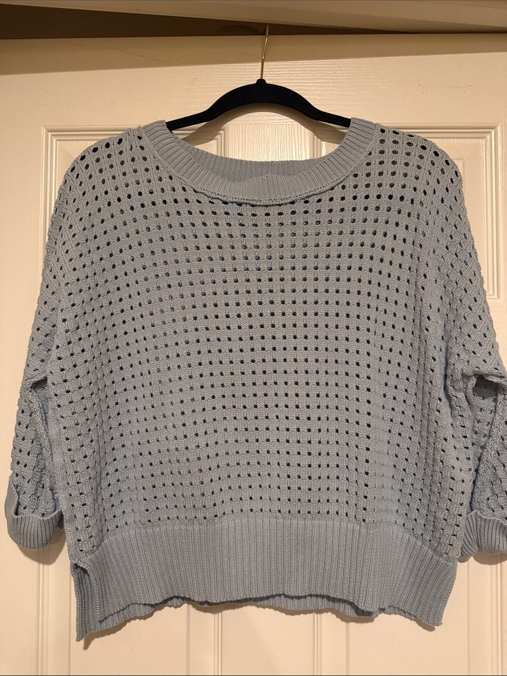 Light Blue Open-Knit Crewneck Sweater Top